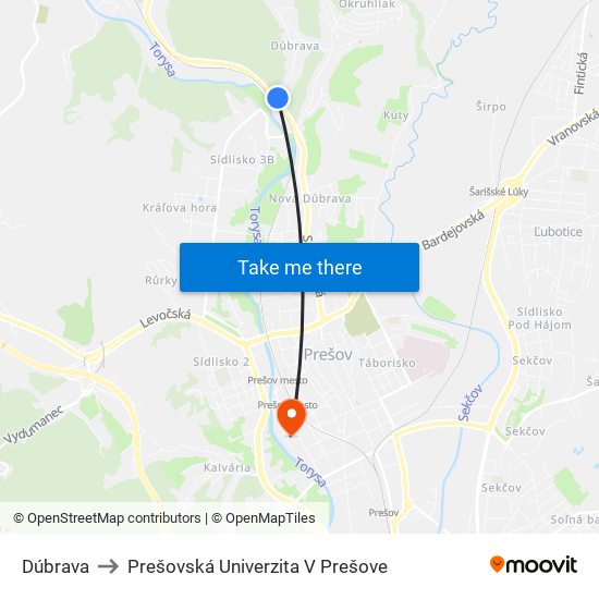 Dúbrava to Prešovská Univerzita V Prešove map