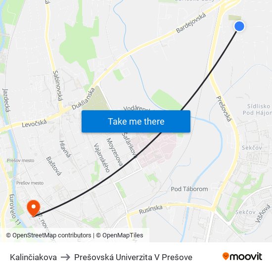 Kalinčiakova to Prešovská Univerzita V Prešove map