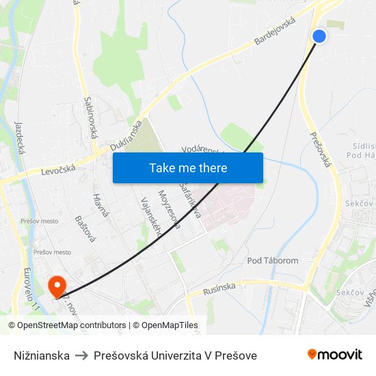 Nižnianska to Prešovská Univerzita V Prešove map