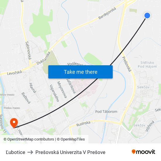 Ľubotice to Prešovská Univerzita V Prešove map