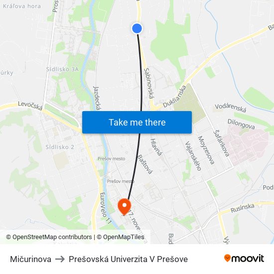 Mičurinova to Prešovská Univerzita V Prešove map