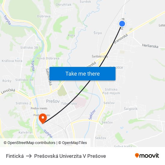 Fintická to Prešovská Univerzita V Prešove map