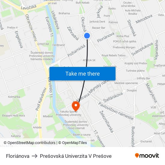 Floriánova to Prešovská Univerzita V Prešove map