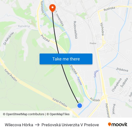 Wilecova Hôrka to Prešovská Univerzita V Prešove map