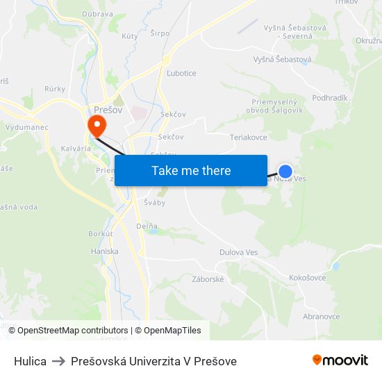 Hulica to Prešovská Univerzita V Prešove map