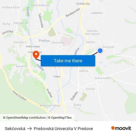 Sekčovská to Prešovská Univerzita V Prešove map