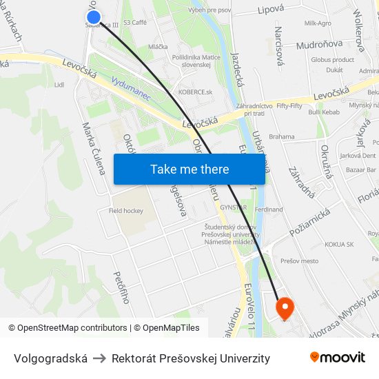 Volgogradská to Rektorát Prešovskej Univerzity map