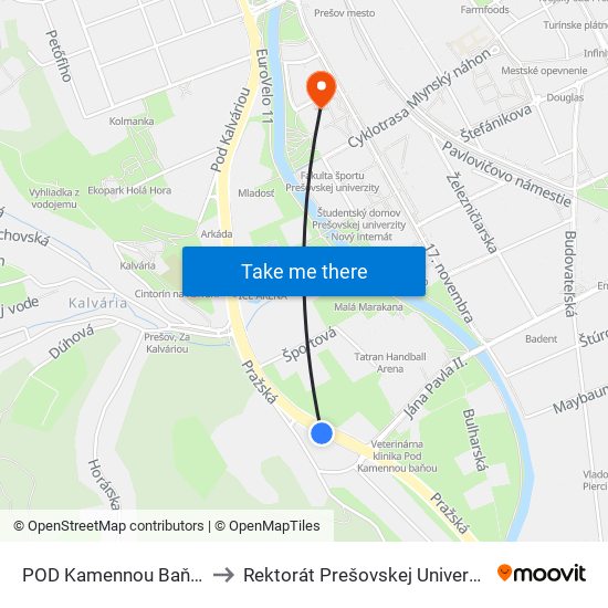 POD Kamennou Baňou to Rektorát Prešovskej Univerzity map