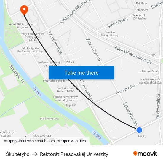 Škultétyho to Rektorát Prešovskej Univerzity map