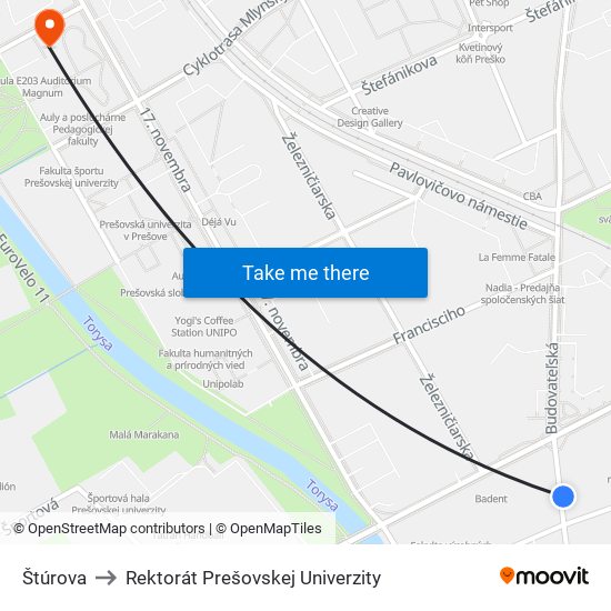 Štúrova to Rektorát Prešovskej Univerzity map