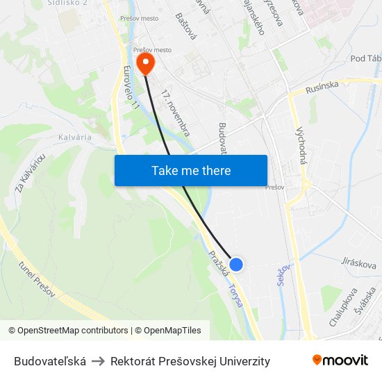 Budovateľská to Rektorát Prešovskej Univerzity map