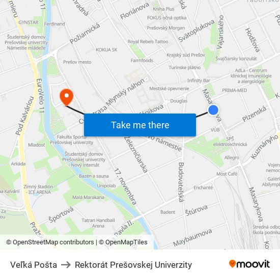 Veľká Pošta to Rektorát Prešovskej Univerzity map