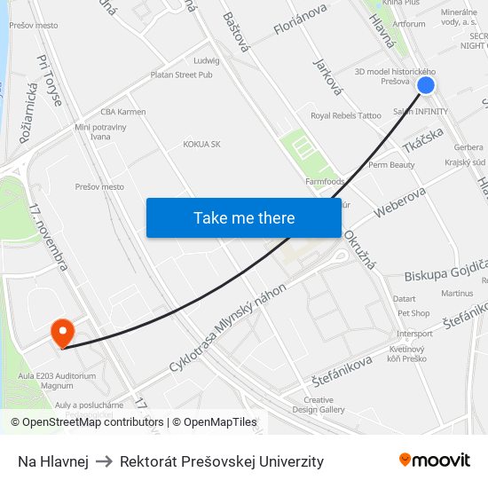 Na Hlavnej to Rektorát Prešovskej Univerzity map