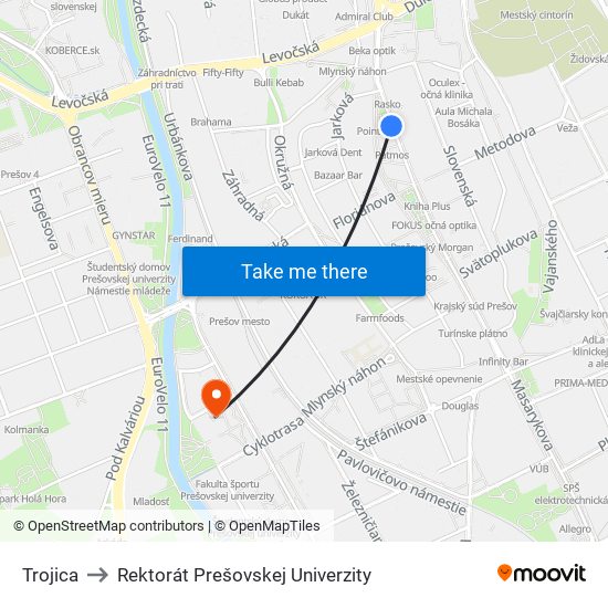 Trojica to Rektorát Prešovskej Univerzity map