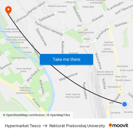 Hypermarket  Tesco to Rektorát Prešovskej Univerzity map