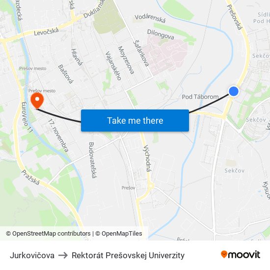 Jurkovičova to Rektorát Prešovskej Univerzity map