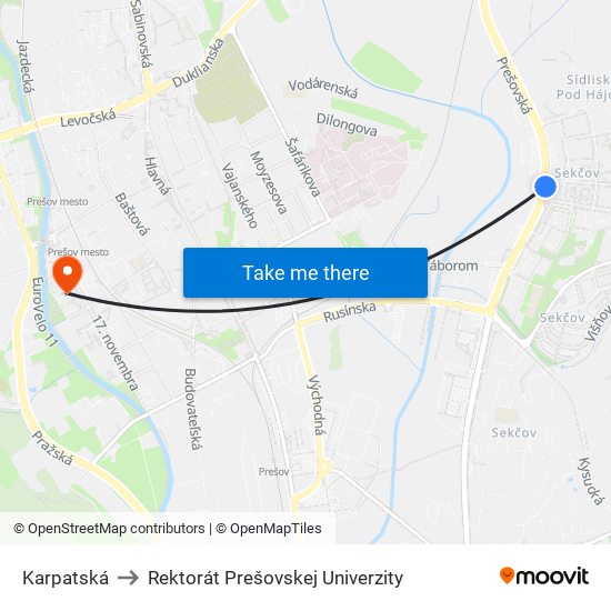 Karpatská to Rektorát Prešovskej Univerzity map