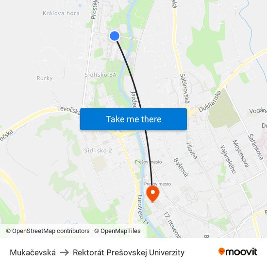 Mukačevská to Rektorát Prešovskej Univerzity map