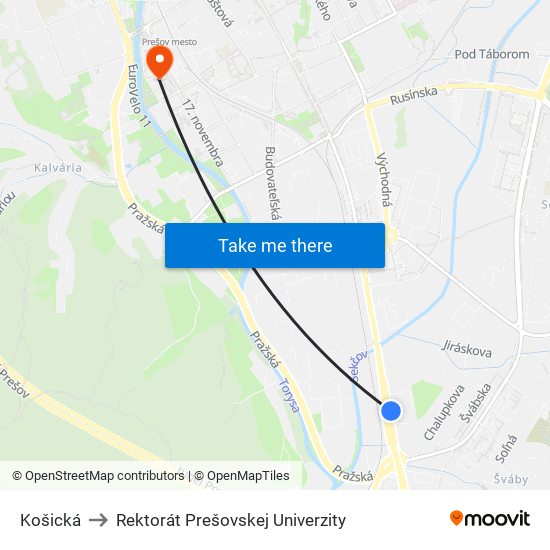 Košická to Rektorát Prešovskej Univerzity map