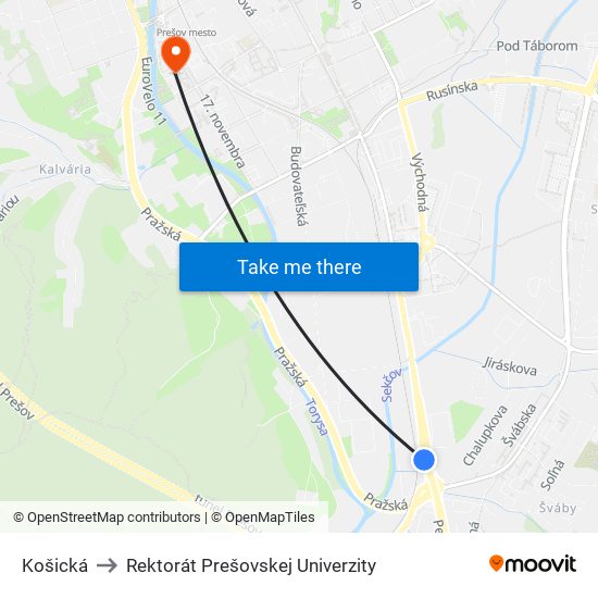 Košická to Rektorát Prešovskej Univerzity map