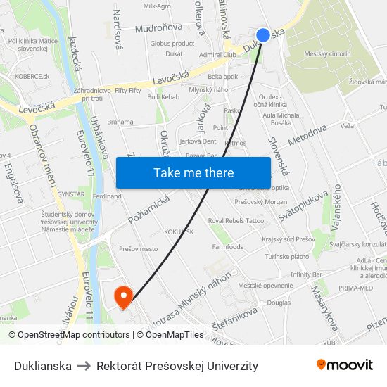 Duklianska to Rektorát Prešovskej Univerzity map