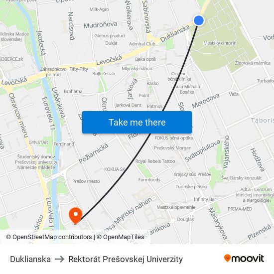 Duklianska to Rektorát Prešovskej Univerzity map