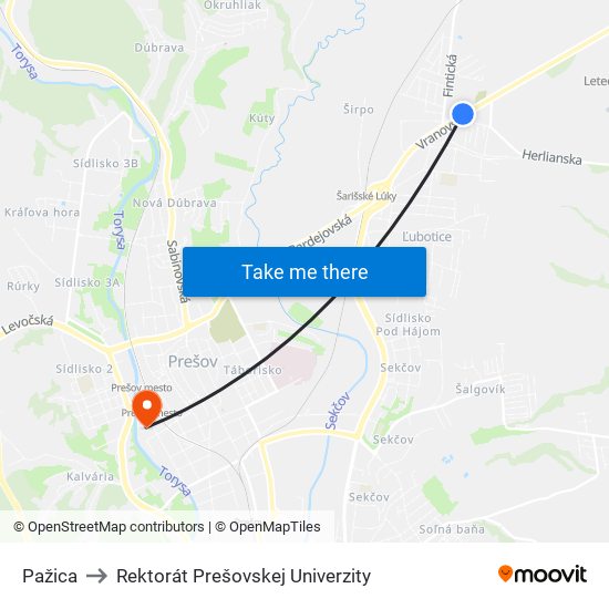 Pažica to Rektorát Prešovskej Univerzity map