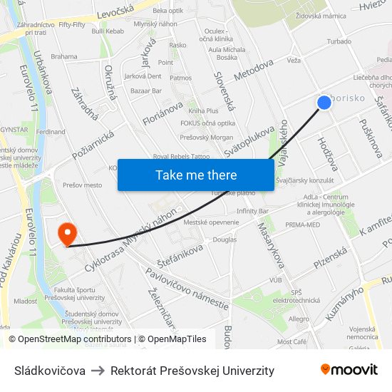 Sládkovičova to Rektorát Prešovskej Univerzity map