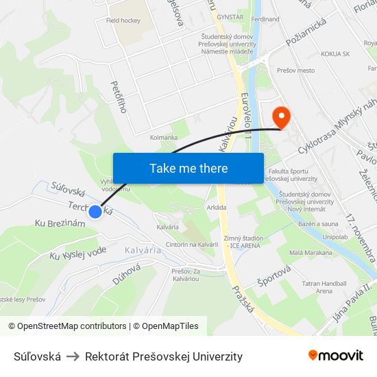 Súľovská to Rektorát Prešovskej Univerzity map