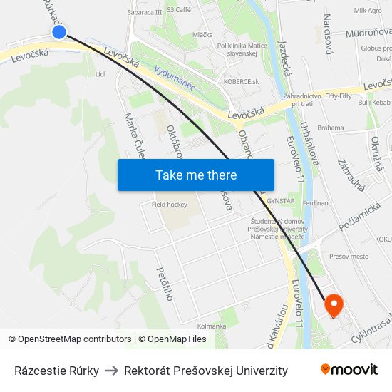 Rázcestie Rúrky to Rektorát Prešovskej Univerzity map