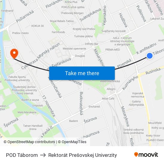 POD Táborom to Rektorát Prešovskej Univerzity map
