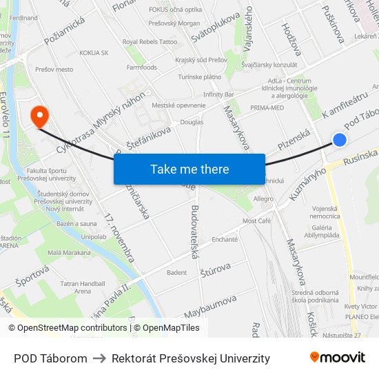 POD Táborom to Rektorát Prešovskej Univerzity map