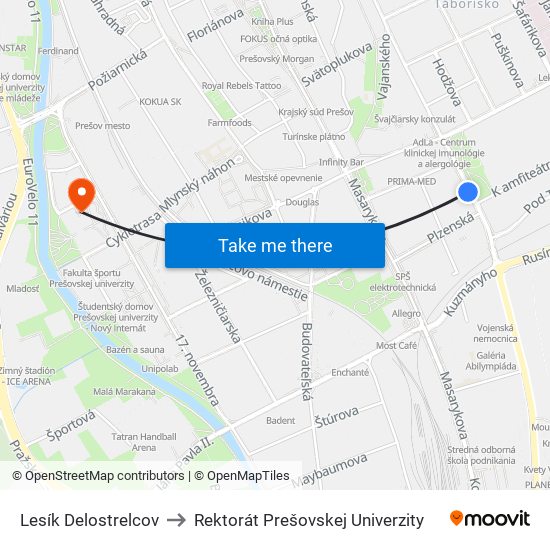 Lesík Delostrelcov to Rektorát Prešovskej Univerzity map