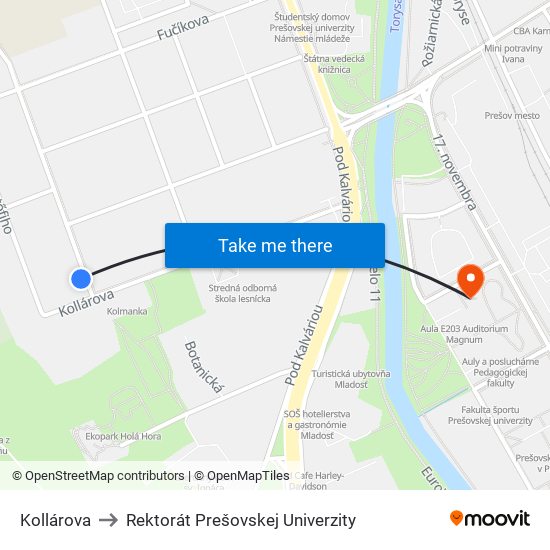 Kollárova to Rektorát Prešovskej Univerzity map