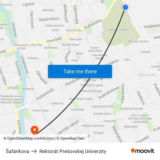 Šafárikova to Rektorát Prešovskej Univerzity map