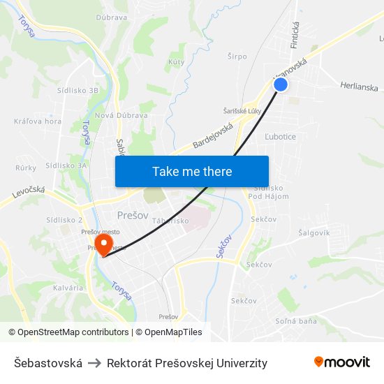 Šebastovská to Rektorát Prešovskej Univerzity map