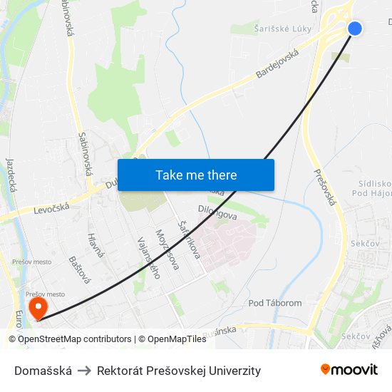 Domašská to Rektorát Prešovskej Univerzity map