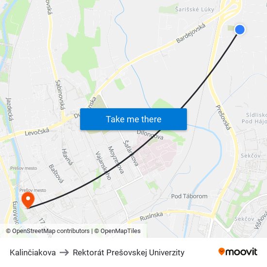 Kalinčiakova to Rektorát Prešovskej Univerzity map