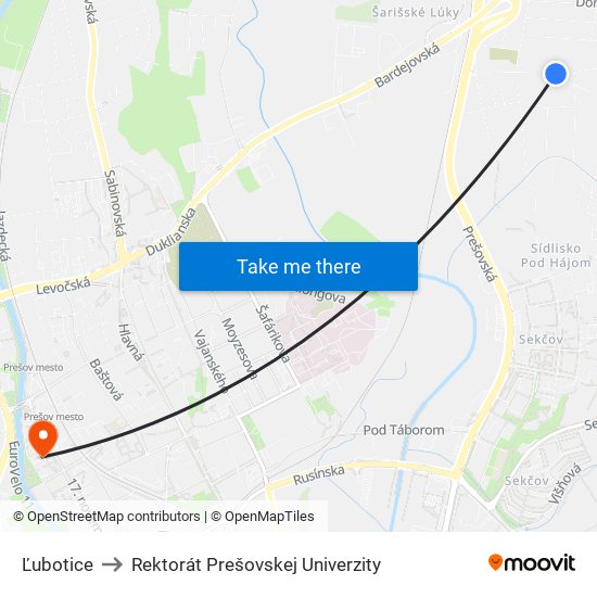 Ľubotice to Rektorát Prešovskej Univerzity map