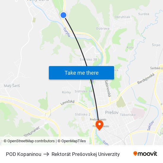 POD Kopaninou to Rektorát Prešovskej Univerzity map