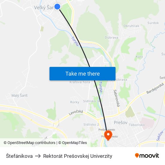 Štefánikova to Rektorát Prešovskej Univerzity map