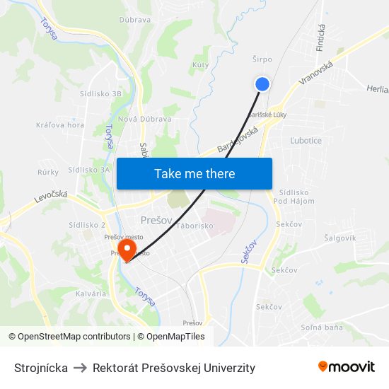 Strojnícka to Rektorát Prešovskej Univerzity map