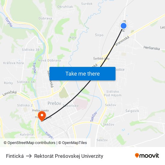 Fintická to Rektorát Prešovskej Univerzity map