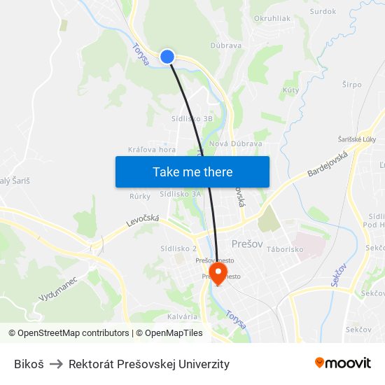 Bikoš to Rektorát Prešovskej Univerzity map