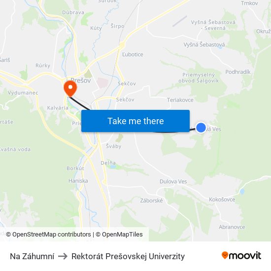 Na Záhumní to Rektorát Prešovskej Univerzity map