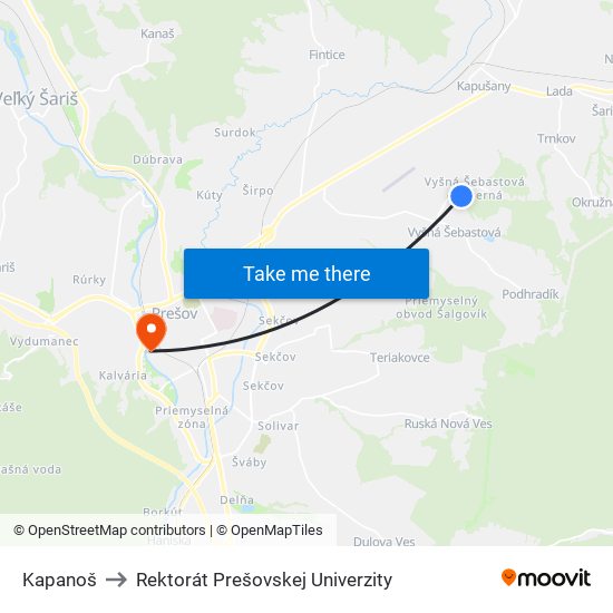 Kapanoš to Rektorát Prešovskej Univerzity map