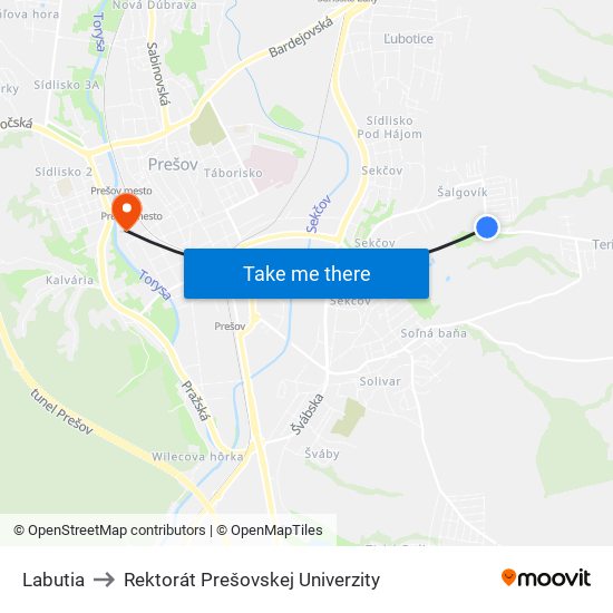 Labutia to Rektorát Prešovskej Univerzity map