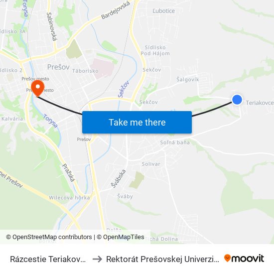 Rázcestie Teriakovce to Rektorát Prešovskej Univerzity map