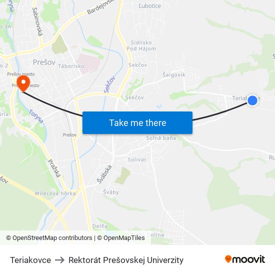 Teriakovce to Rektorát Prešovskej Univerzity map