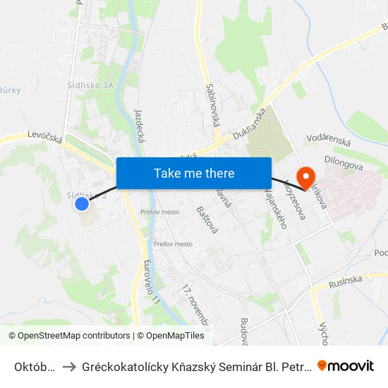 Októbrová to Gréckokatolícky Kňazský Seminár Bl. Petra Pavla Gojdiča map